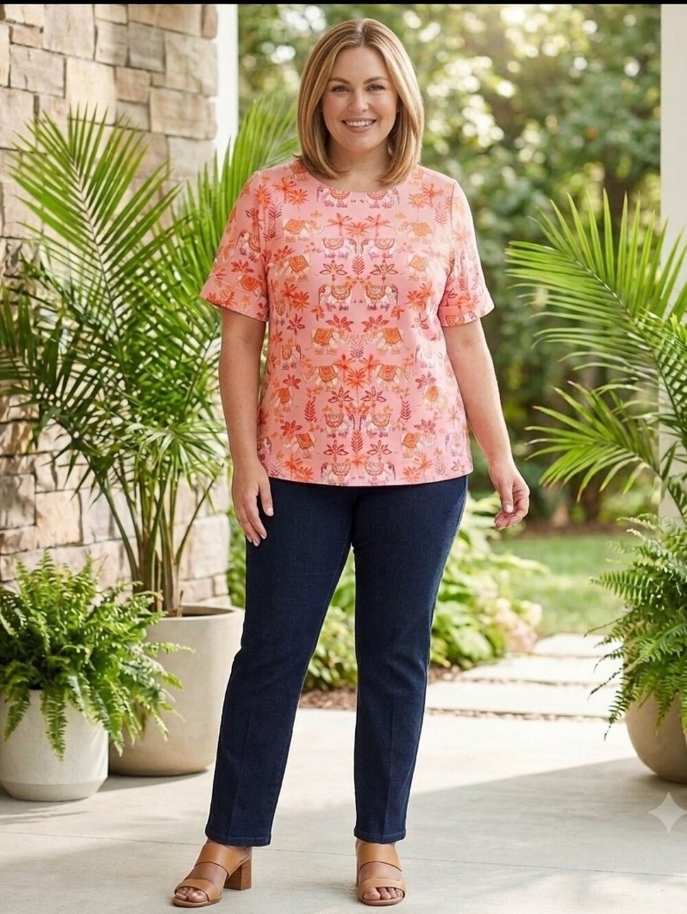 Karen Scott Plus Size Elephant Print Cuffed Elbow Women’s Shirt Size 1X